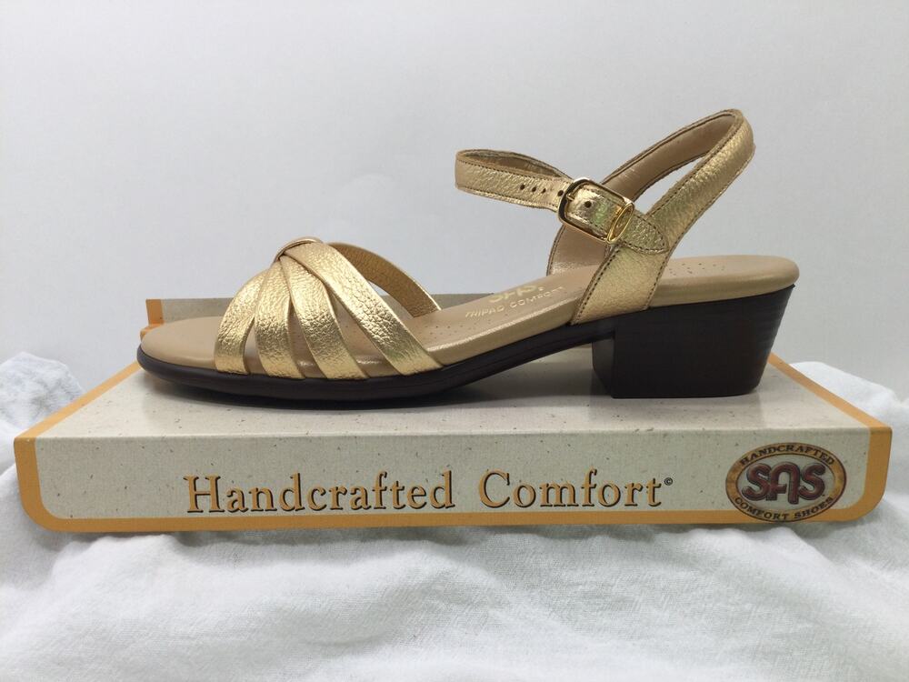 SAS Strippy Gold Leather Quarter Strap Wedge Sandal 9.5N